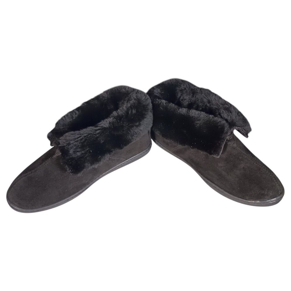 Minnetonka Suede Real Sheepskin Slipper Boots Womens 10 Black Fur Lining - Picture 7 of 14